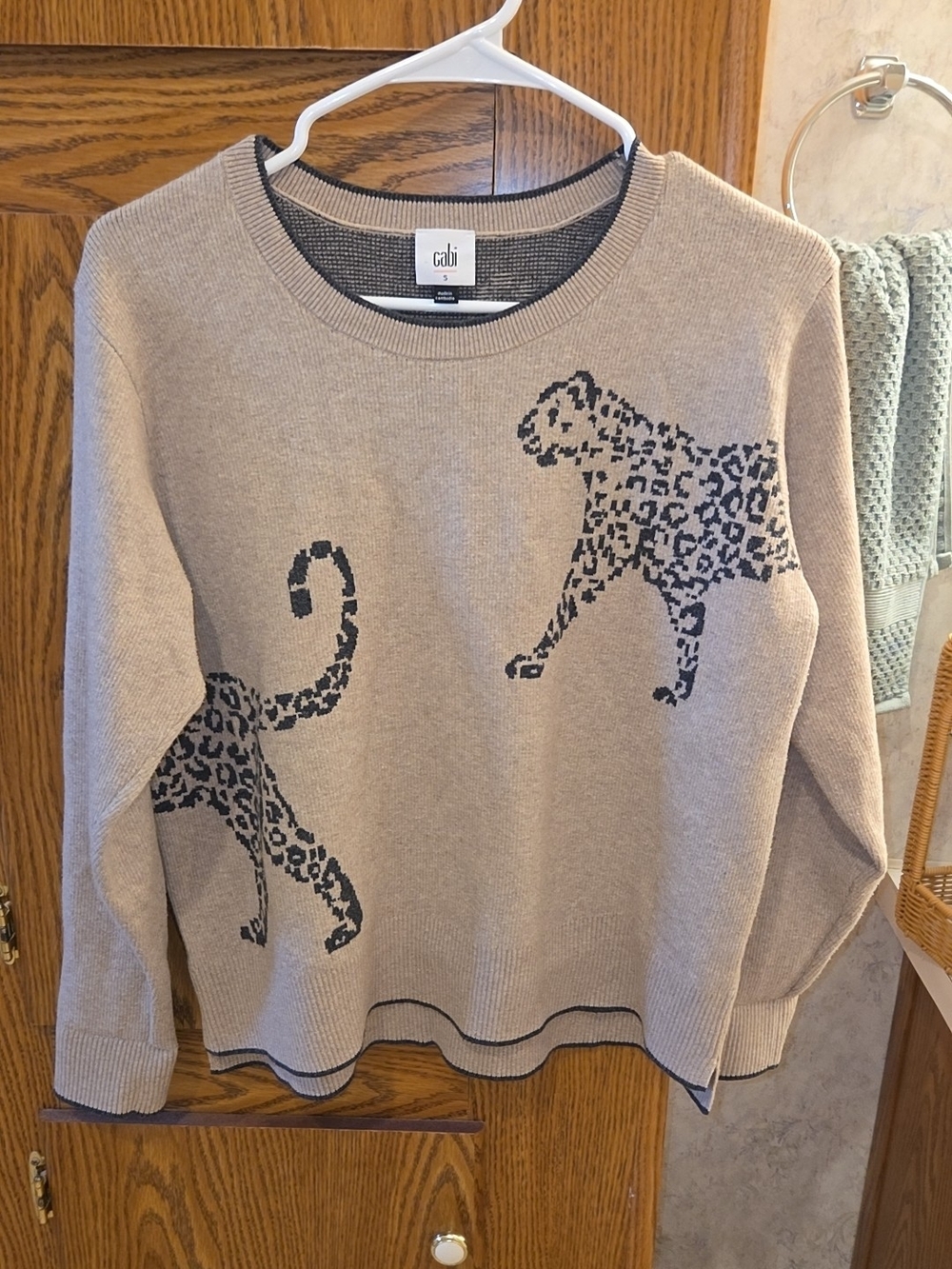 CAbi Beige Crewneck Sweater with Black Leopard Motif